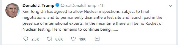 트럼프 대통령은 평양 선언이 발표된 직후 트위터에 자기 견해를 밝혔다. (캡처사진=트럼프 대통령 트위터)