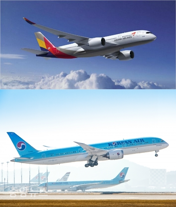 아시아나 항공기 (위), 대한항공 항공기 (아래) (사진=각 사)