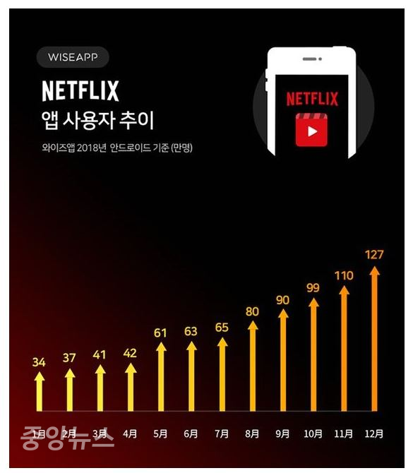 지난해 넷플릭스 이용자 수 증가 추이 (사진=와이즈앱 제공)