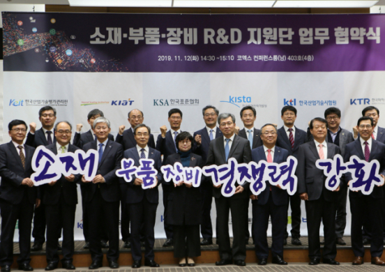 한국산업기술평가관리원(KEIT)은 특허전략원 등 17개 기관과 12일 서울 코엑스에서 기술개발부터 사업화까지 지원하기 위한 소재·부품·장비(소부장) R&D 지원단 출범 관련 업무협약을 체결했다.