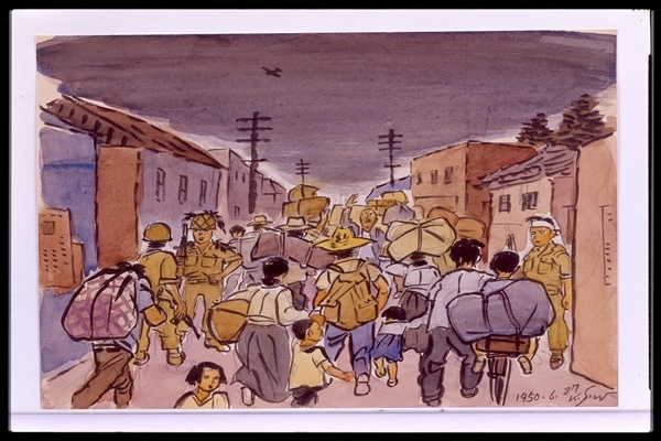 김성환, 6.25스케치 1950년 6월 27일 돈암교부근, 1950, 종이에 연필, 채색, 19.3×25cm (사진=국립현대미술관)
