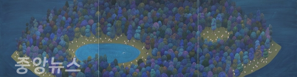 작품이미지=Telepathic garden, 91X350cm, pigment color, acrylic on korean paper, 2020
