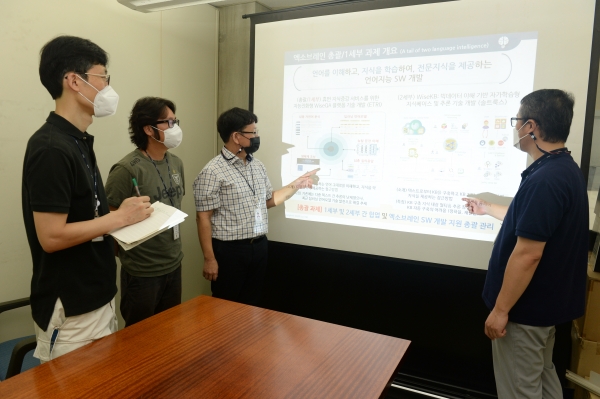 ETRI 연구진이 오피스문서에 활용할 수 있는 API 기술을 설명하고 있는 모습. (왼쪽부터) 김민호 책임연구원, 배용진 선임연구원, 임준호 책임연구원, 이형직 책임연구원 (사진=ETRI)