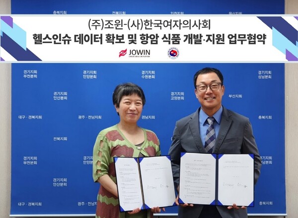 체결된 협약서를 든 조윈 김수현 의장(우측)과 한국여자의사회 백현욱 회장 (제공=조윈)