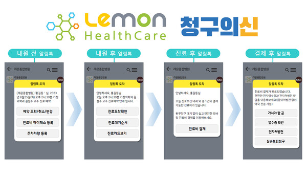 ‘레몬톡톡’은 스마트 환자용 앱 ‘레몬케어’ 및 실손보험 간편청구 앱 ‘청구의신’과 연동해 카카오 알림톡 기반으로 의료 편의 서비스를 제공하는 플랫폼이다. (제공=레몬헬스케어)