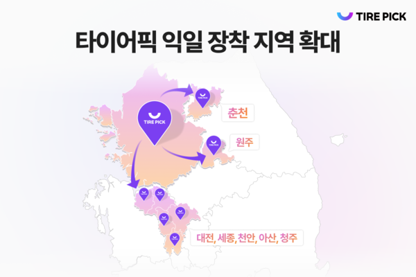 카티니는 자사 온라인몰 타이어픽이 타이어 익일장착 서비스 지역을 대전권(대전, 세종, 천안, 아산, 청주)과 강원 일부(춘천, 원주)까지 확장했다고 14일 밝혔다. (제공=타이어픽)