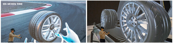 넥센타이어 직원이 VR장비를 활용해 타이어 디자인 품평을 진행하고 있다. (제공=넥센타이어)