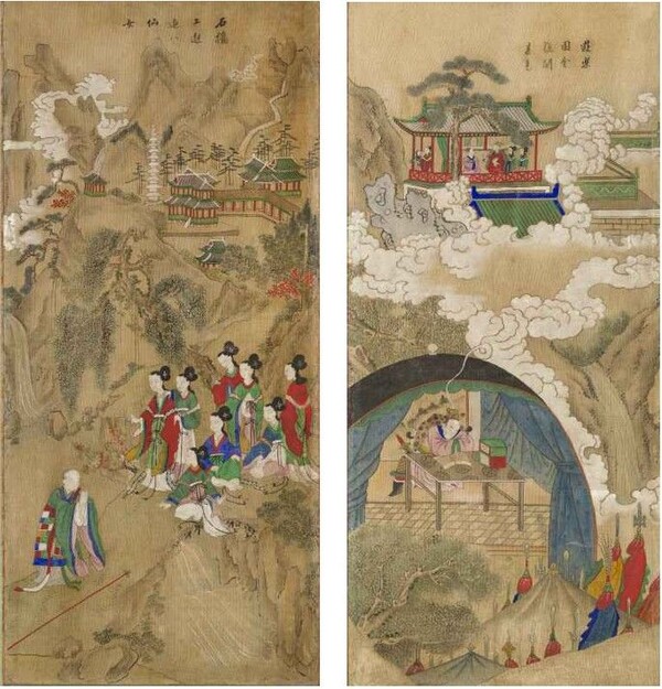(왼쪽)성진이 팔선녀를 만나는 장면(1폭) (오른쪽)양소유가 용왕의 딸 백능파를 만나는 꿈을 꾸는 장면(6폭)(사진=국가유산청)