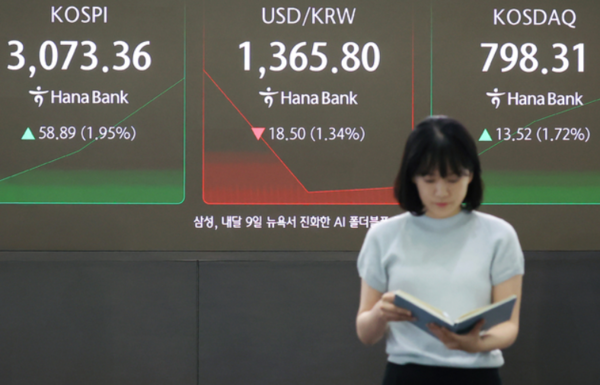 코스피지수가 2021년 9월28일 이후 3년 9개월 만에 장중 3100선을 넘어섰다.(사진: 연합)