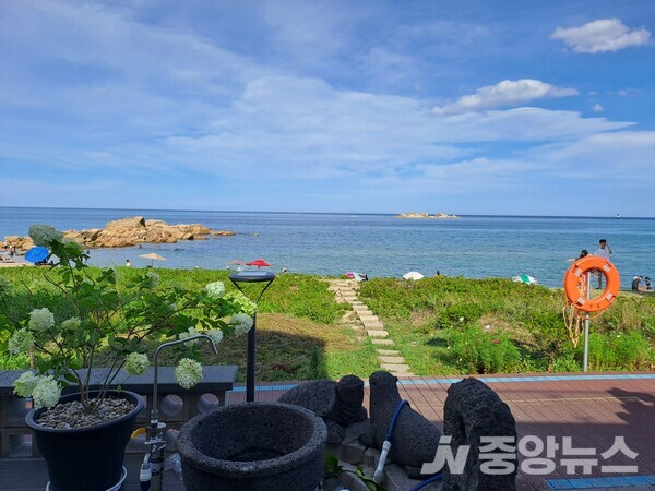  바다 멀리 무인도 '가도'섬이 보인다.