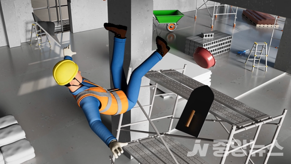 사진 이미지: 이동식 비계 사용 중 발생할 수 있는 추락 사고 예방 영상.