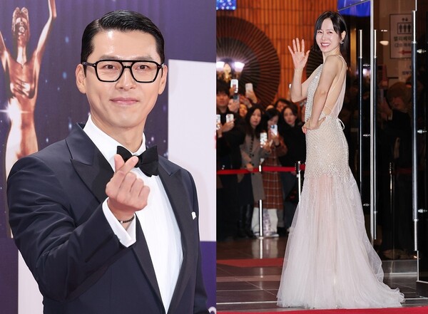  배우 현빈 손예진 부부가 19일 서울 영등포구 KBS홀에서 열리는 제46회 청룡영화상 시상식 포토월에서 포즈를 취하고 있다. 현빈은 영화 '하얼빈'으로 남우. 어쩔수가없다 여우 주연상 후보에 올라 수상을 하게 됐다. 